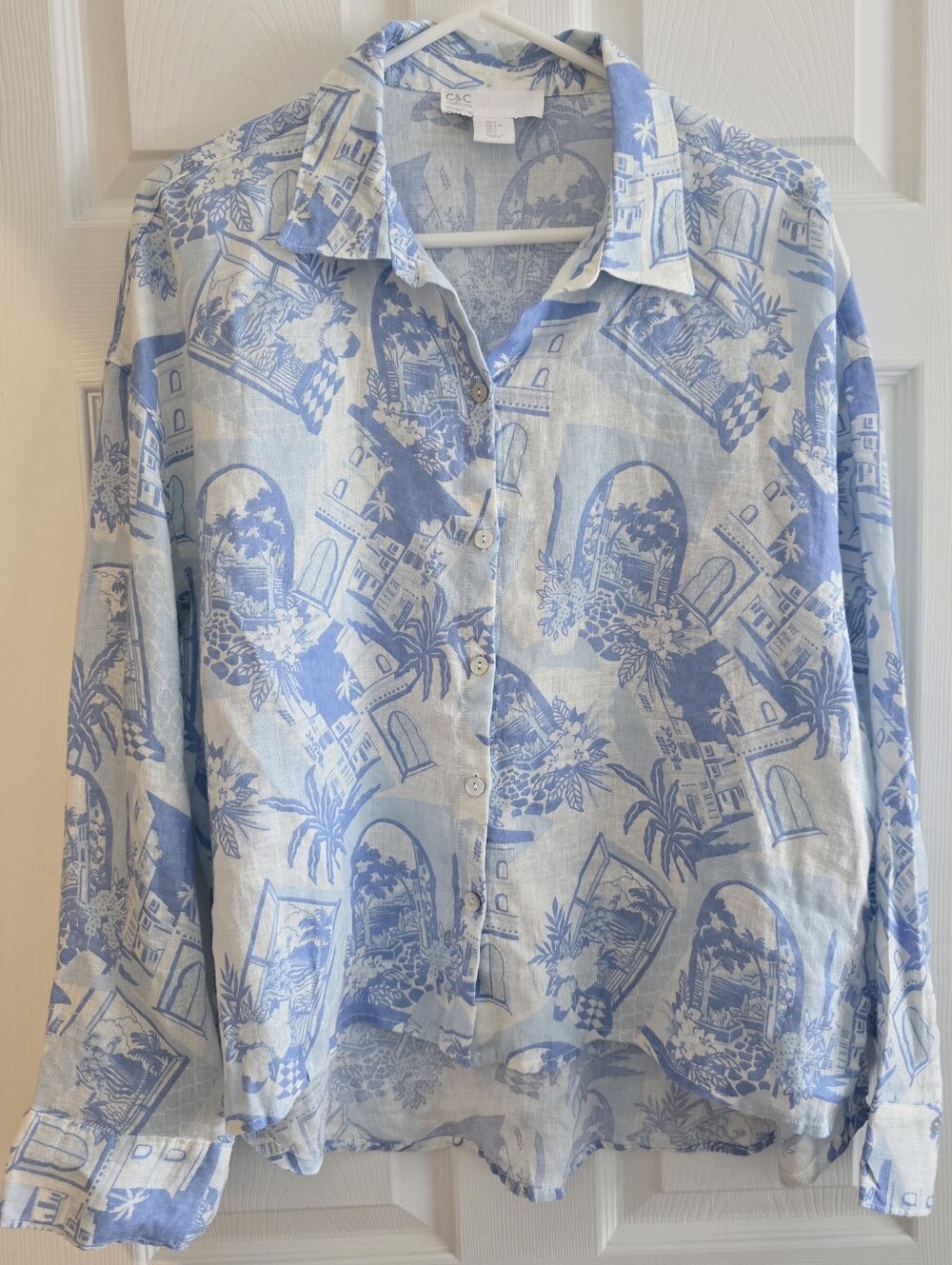 C&C California Large Linen Blouse Blue White Tropical Floral Long Sleeve